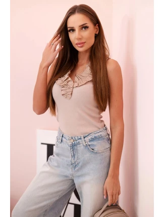 Dámská bavlněná bezrukávová blůza s volánem béžová