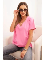 Dámská bavlněná blůza s výstřihem do V a krátkým rukávem světle růžová