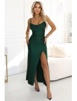 638-2 Dlouhé korzetové saténové šaty s rozparkem na nohou - lahvově zelené