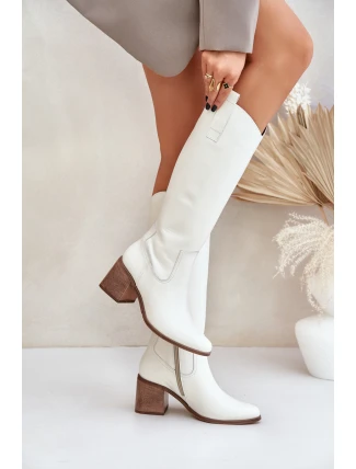 Kožené Holinky Před Kolena Na Podpatku Bílé Zazoo 3675