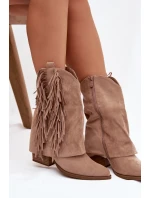 Dámské cowboy boty s třásněmi na podpatku Khaki Gralina Dámské cowboy boty s třásněmi na podpatku Khaki Gralina