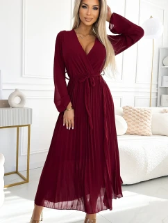 537-1 Plisované šifonové šaty s výstřihem, dlouhými rukávy a vázaným páskem - Bordeaux