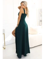 633-2 AURELIA dlouhé šaty s rozparkem na nohou a výstřihem typu caro - lahvově zelené
