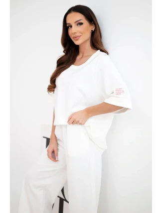 Dámský komplet z viskózy, mikina a široké kalhoty ecru