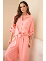 Dámský bavlněný komplet s vázanou košilí a širokou nohavicí meruňkový