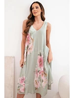 Dámské bavlněné oversize šaty s výstřihem do V a květinovým potiskem khaki