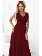 637-1 Večerní dlouhé šaty s brokátovým akcentem a hlubokým výstřihem - bordó