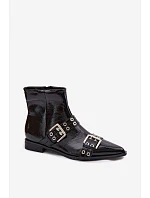 Lakované dámské kotníkové boty na plochém podpatku s pásky a přezkami Černé Hamira