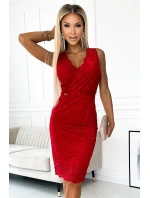 383-5 Krajkové MIDI šaty s obálkovým výstřihem - ČERVENÉ