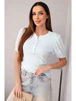 Dámská bavlněná žebrovaná halenka s nabíraným rukávem a knoflíky světle mátová