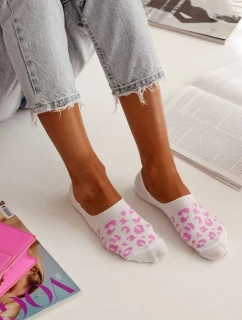 Dámské mikro-kotníkové bavlněné ponožky s motivem panterky – bílo-růžové