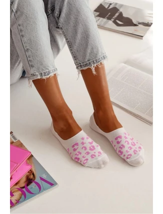 Dámské mikro-kotníkové bavlněné ponožky s motivem panterky – bílo-růžové