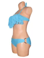Dámské plavky dvoudílné bikiny D-RING zdobené třásněmi na podprsence a kovovými doplňky modré - Modrá - OEM