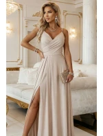 299-20 CHIARA Maxi šaty bez ramínek s obálkovým výstřihem a rozparkem na nohou - šampaňsko-béžové s třpytkami 299-20 CHIARA Maxi šaty bez ramínek s obálkovým výstřihem a rozparkem na nohou - šampaňsko-béžové s třpytkami