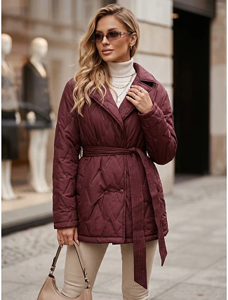 Dámský přechodný kabát s páskem, bordó, FashionStreet TY5806 Dámský přechodný kabát s páskem, bordó, FashionStreet TY5806