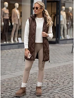 Dlouhá dámská prošívaná vesta s kapucí, hnědá, FashionStreet TY6013 Dlouhá dámská prošívaná vesta s kapucí, hnědá, FashionStreet TY6013