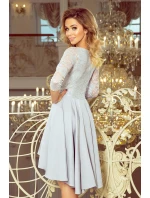 Šedé dámské šaty s krajkovým výstřihem a delším zadním dílem model 7194612