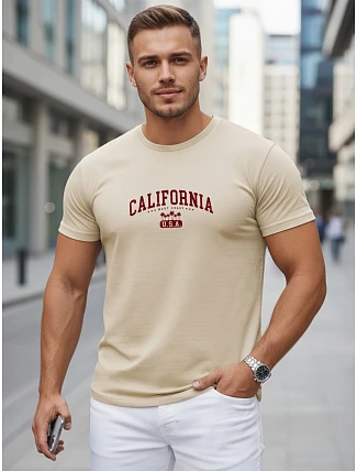 Pánské bavlněné tričko s potiskem „California“, béžové, FashionStreet NX5140R Pánské bavlněné tričko s potiskem „California“, béžové, FashionStreet NX5140R