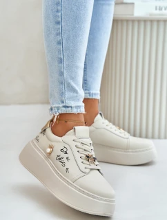 Dámské Kožené Sneakersy Na Platformě S Přišitými A Nápisem Vinceza 89102 Béžové