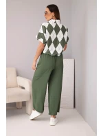 Komplet dámský viskózový košile s vázáním a kalhoty s gumou khaki