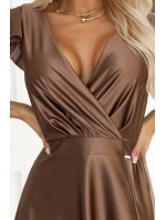 411-14 CRYSTAL saténové dlouhé šaty s výstřihem - moka pěna 411-14 CRYSTAL saténové dlouhé šaty s výstřihem - moka pěna