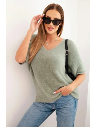 Dámský svetr z měkkého chlupu s výstřihem do V krátký rukáv tmavě mátový
