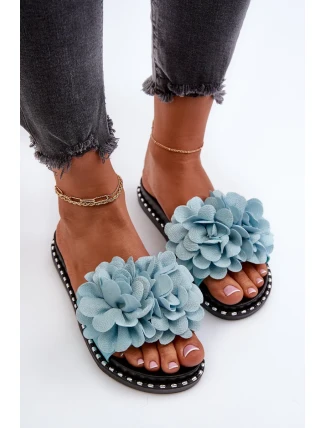 Dámské pantofle zdobené květinami, modrý cellanen