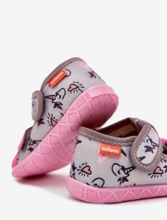 Dětské papuče na suchý zip – šedo-růžové Reathiana (s motivem jednorožců)