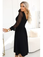 657-1 Elegantní midi šaty s obálkovým výstřihem a tylovými rukávy - černé