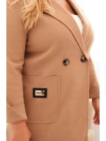 Dámský elegantní kabát Plus Size s límcem a velkými kapsami camelový