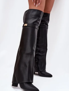 Zateplené kozačky s vytočenou holínkou za koleno podpatek sloupek černé Serelle