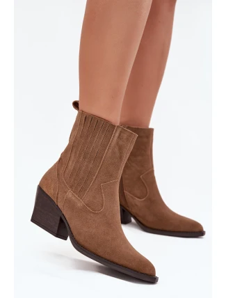 Dámské zateplené kotníkové boty kovbojky na podpatku Dylira – camel, zamsz