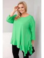 Dámská blůza Plus Size s bavlnou, volánem a ohrnutým rukávem světle zelená