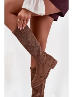 Dámské Kozačky S Mřížkovým Vzorem Na Ploché Podpatku S Barški HY52 534 Hnědé