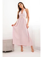 Dámské viskózové maxi šaty vázané na krku s ozdobnou sponou tmavě pudrově růžová