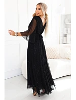 654-5 Dlouhé lesklé plus size šaty s výstřihem a průhlednými rukávy - černé
