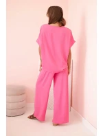 Dámský komplet z viskózy s ozdobným květem a širokými kalhotami - růžový