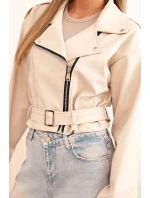 Dámská krátká bunda z eko kůže s páskem a límcem béžová