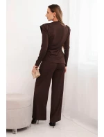 Dámský bavlněný komplet s halenkou a kalhotami s širokými nohavicemi hnědý