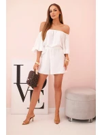 Dámský bavlněný overal bez rukávů s vázáním v pase ecru