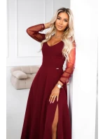 640-1 LORETTA jedinečné dlouhé šaty s tylovými rukávy a výstřihem - vínové 640-1 LORETTA jedinečné dlouhé šaty s tylovými rukávy a výstřihem - vínové