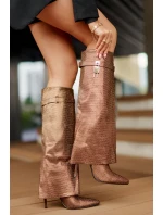 Ozdobené nazouvací kozačky na jehlovém podpatku s ohrnutým svrškem hnědé Enathlin