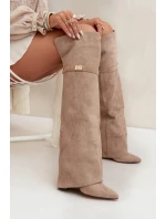 Dámské zateplené kozačky nad kolena s vyhrnutou holení a podpatkem Serelle – béžové, eko semiš Dámské zateplené kozačky nad kolena s vyhrnutou holení a podpatkem Serelle – béžové, eko semiš
