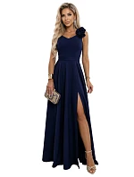 643-4 Elegantní večerní maxi šaty s rozparkem a růžemi - tmavě modré