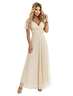 635-9 MELANIA dlouhé třpytivé svatební šaty s výstřihem a krátkými rukávy - béžové