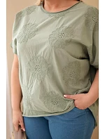 Dámská bavlněná halenka Plus Size s vyšívanými květinami khaki Dámská bavlněná halenka Plus Size s vyšívanými květinami khaki