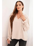 Dámská blůza z viskózy s výstřihem do V a zavazováním u rukávů béžová
