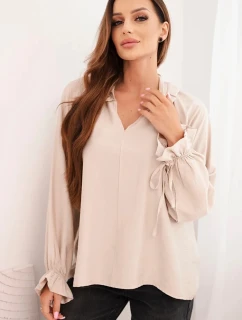 Dámská blůza z viskózy s výstřihem do V a zavazováním u rukávů béžová