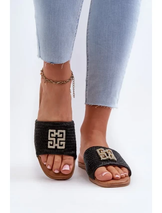 Dámské ploché pantofle s prýmkem a zdobením, Černá Omenna Dámské ploché pantofle s prýmkem a zdobením, Černá Omenna