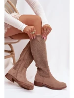 Dámské kozačky s krajkovým vzorem na plochém podpatku S.Barski HY61-8022 Béžové